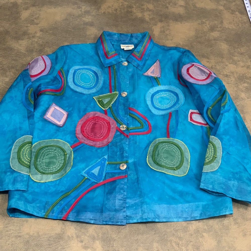 TravelSmith Silk Jacket Womens XL Blue Abstract Geometric Applique Button Up